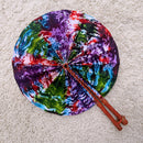 African Print Circle Folding Handheld Fan with Leather Handle - Blue / Purple / Green / Red