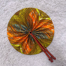 African Print Circle Folding Handheld Fan with Leather Handle - Green / Orange