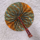 African Print Circle Folding Handheld Fan with Leather Handle - Green / Orange