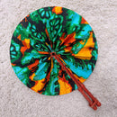 African Print Circle Folding Handheld Fan with Leather Handle - Green / Orange