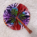 African Print Circle Folding Handheld Fan with Leather Handle - Green / Red / Purple