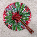 African Print Circle Folding Handheld Fan with Leather Handle - Green / Red