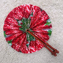 African Print Circle Folding Handheld Fan with Leather Handle - Green / Red