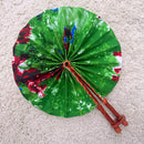 African Print Circle Folding Handheld Fan with Leather Handle - Green / Red / Blue
