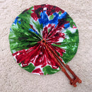 African Print Circle Folding Handheld Fan with Leather Handle - Green / Red / Blue