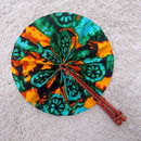 African Print Circle Folding Handheld Fan with Leather Handle - Green / Orange
