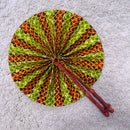 African Print Circle Folding Handheld Fan with Leather Handle - Green / Orange / Yellow