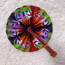African Print Circle Folding Handheld Fan with Leather Handle - Green / Red / Purple