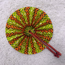 African Print Circle Folding Handheld Fan with Leather Handle - Green / Orange / Yellow