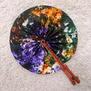 African Print Circle Folding Handheld Fan with Leather Handle - Green / Purple / Orange