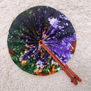 African Print Circle Folding Handheld Fan with Leather Handle - Green / Purple / Orange