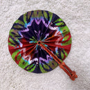 African Print Circle Folding Handheld Fan with Leather Handle - Green / Red / Purple