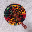 African Print Circle Folding Handheld Fan with Leather Handle - Green / Red / Yellow