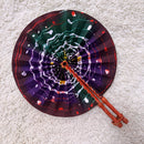 African Print Circle Folding Handheld Fan with Leather Handle - Green / Red / Purple