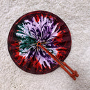 African Print Circle Folding Handheld Fan with Leather Handle - Green / Red / Purple