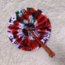 African Print Circle Folding Handheld Fan with Leather Handle - Green / Red / Purple