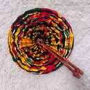 African Print Circle Folding Handheld Fan with Leather Handle - Green / Red / Yellow
