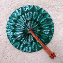 African Print Circle Folding Handheld Fan with Leather Handle - Green / White