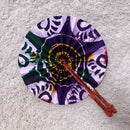 African Print Circle Folding Handheld Fan with Leather Handle - Green / Red / Purple