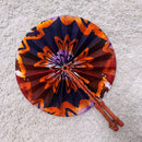 African Print Circle Folding Handheld Fan with Leather Handle - Green / Red / Purple