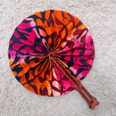 African Print Circle Folding Handheld Fan with Leather Handle - Pink / Orange