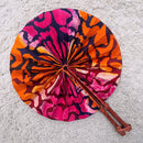 African Print Circle Folding Handheld Fan with Leather Handle - Pink / Orange