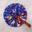 African Print Circle Folding Handheld Fan with Leather Handle - Purple / Red / Gold
