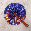 African Print Circle Folding Handheld Fan with Leather Handle - Purple / Red / Gold