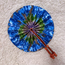 African Print Circle Folding Handheld Fan with Leather Handle - Purple / Green / Grey / Blue