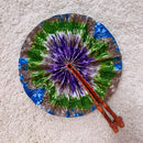 African Print Circle Folding Handheld Fan with Leather Handle - Purple / Green / Grey / Blue