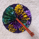 African Print Circle Folding Handheld Fan with Leather Handle - Green / Purple / Yellow / Red