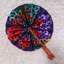 African Print Circle Folding Handheld Fan with Leather Handle - Green / Purple / Yellow / Red