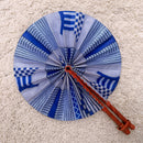African Print Circle Folding Handheld Fan with Leather Handle - Blue / White