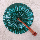 African Print Circle Folding Handheld Fan with Leather Handle - Green / White