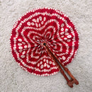 African Print Circle Folding Handheld Fan with Leather Handle - Red / White