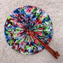 African Print Circle Folding Handheld Fan with Leather Handle - White / Blue / Red / Gray / Green