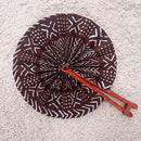 African Print Circle Folding Handheld Fan with Leather Handle - Brown / White