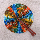 African Print Circle Folding Handheld Fan with Leather Handle - Brown / Blue / Orange / Green