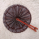 African Print Circle Folding Handheld Fan with Leather Handle - Brown / White