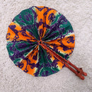 African Print Circle Folding Handheld Fan with Leather Handle - Green / Orange / Purple