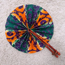 African Print Circle Folding Handheld Fan with Leather Handle - Green / Orange / Purple