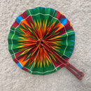 Kente African Print Circle Folding Handheld Fan with Leather Handle - Green / Yellow / Red
