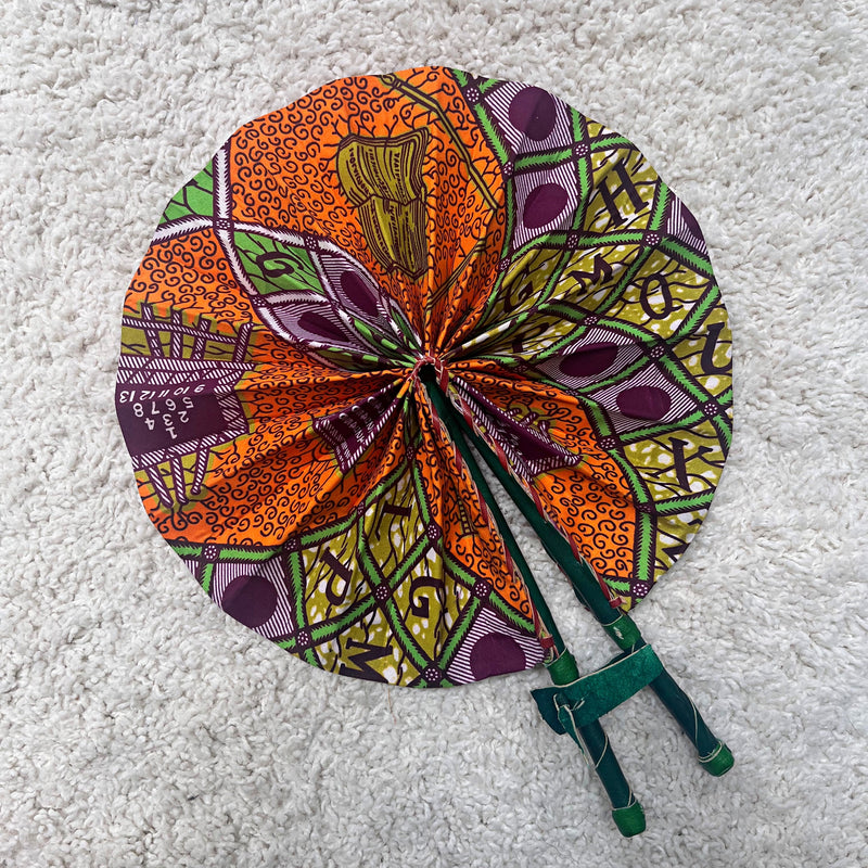 African Print Circle Foldable Handheld Fan - Orange / Green - Afrilege