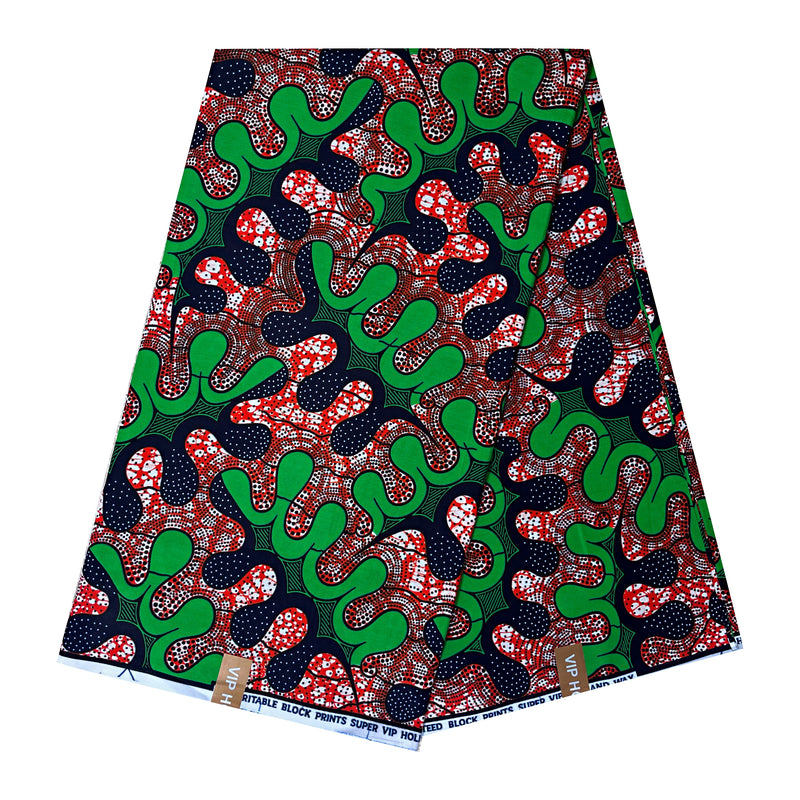 African Wax Print Fabric by The Yard - Green / Red