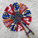 African Print Gye Nyame Adinkra Circle Foldable Handheld Fan - Blue / Red / White - Afrilege