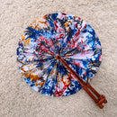 African Print Circle Folding Handheld Fan with Leather Handle - White / Blue / Red / Gray / Gold
