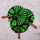 African Print Circle Folding Handheld Fan with Leather Handle - Green / Black
