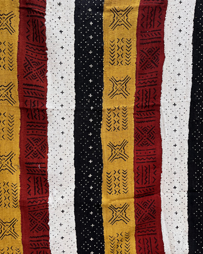 Multi-Colored Strips African Mudcloth Handmade Fabric- Yellow / White/ Rust/ Black