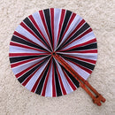 African Print Circle Folding Handheld Fan with Leather Handle - Black / Red / White