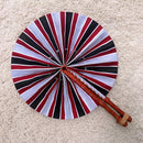 African Print Circle Folding Handheld Fan with Leather Handle - Black / Red / White